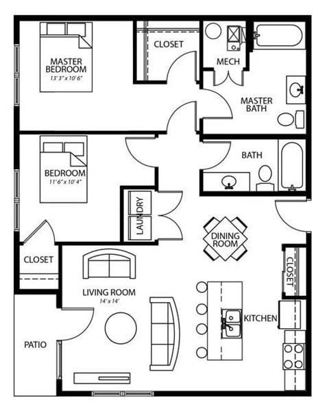 Floor plan for 2 beds, 2 baths, 950 sqft